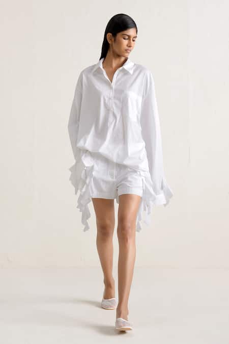 Ituvana Ruffled Sleeve Shirt & Shorts Set 