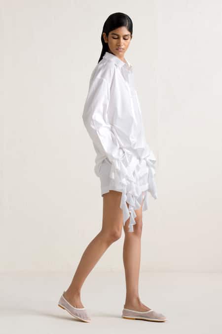 Ituvana White Cotton Ruffles Collared Sleeve Shirt And Shorts Set Online at Aza Fashions Ituvana_White Cotton Ruffles Collared Sleeve Shirt And Shorts Set _Online_at_Aza_Fashions