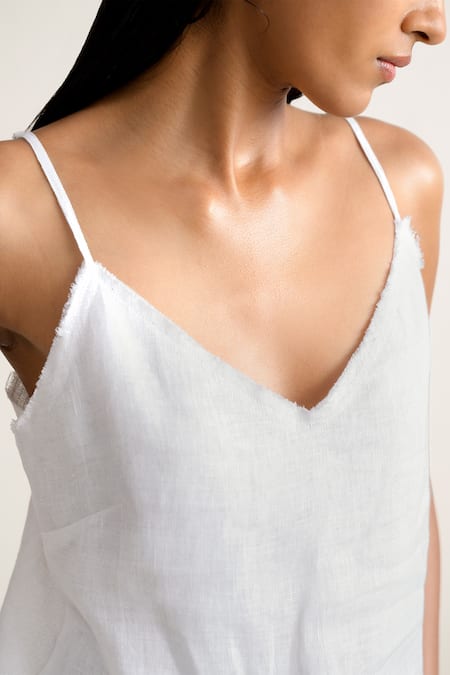 Buy_Ituvana_White Linen V-neck Camisole Top And Wide Legged Pant Set _Online_at_Aza_Fashions