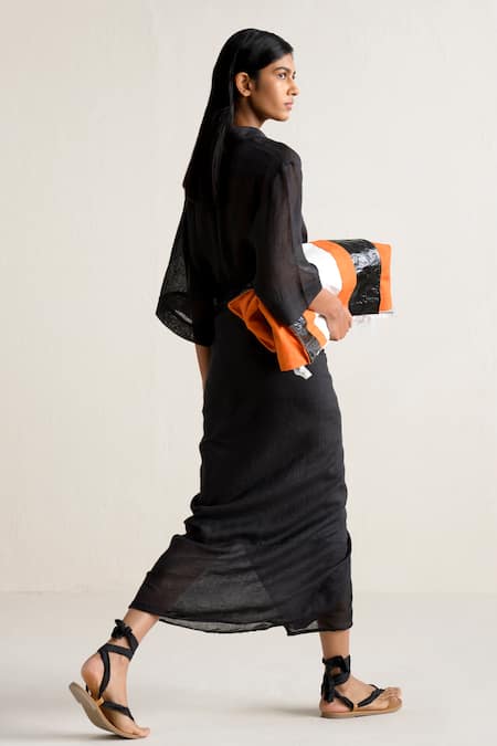 Shop Ituvana Black Linen Collared Shirt And Wrap Around Skirt Set at Aza Fashions Shop_Ituvana_Black Linen Collared Shirt And Wrap Around Skirt Set _at_Aza_Fashions