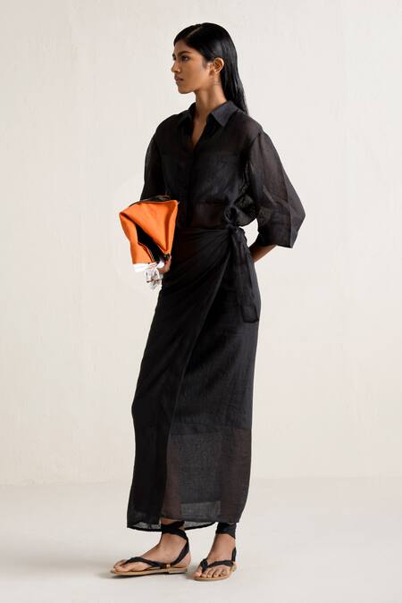Ituvana Black Linen Collared Shirt And Wrap Around Skirt Set Online at Aza Fashions Ituvana_Black Linen Collared Shirt And Wrap Around Skirt Set _Online_at_Aza_Fashions