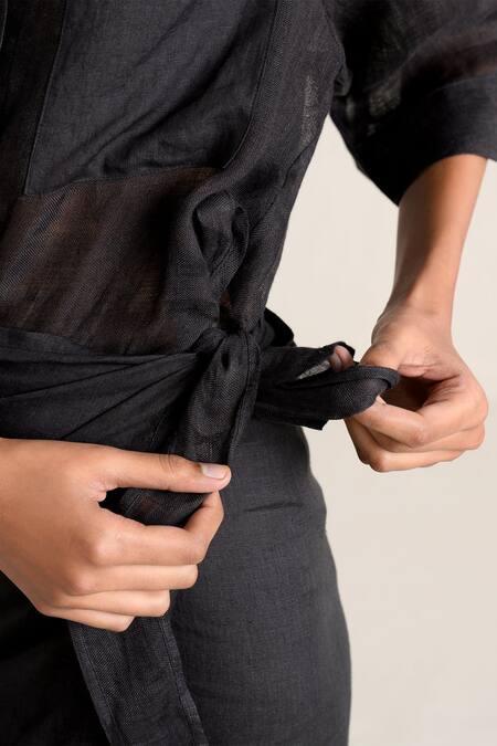 Shop Ituvana Black Linen Collared Shirt And Wrap Around Skirt Set Online at Aza Fashions Shop_Ituvana_Black Linen Collared Shirt And Wrap Around Skirt Set _Online_at_Aza_Fashions