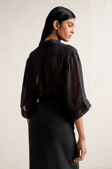 Ituvana Black Linen Collared Shirt And Wrap Around Skirt Set at Aza Fashions Ituvana_Black Linen Collared Shirt And Wrap Around Skirt Set _at_Aza_Fashions