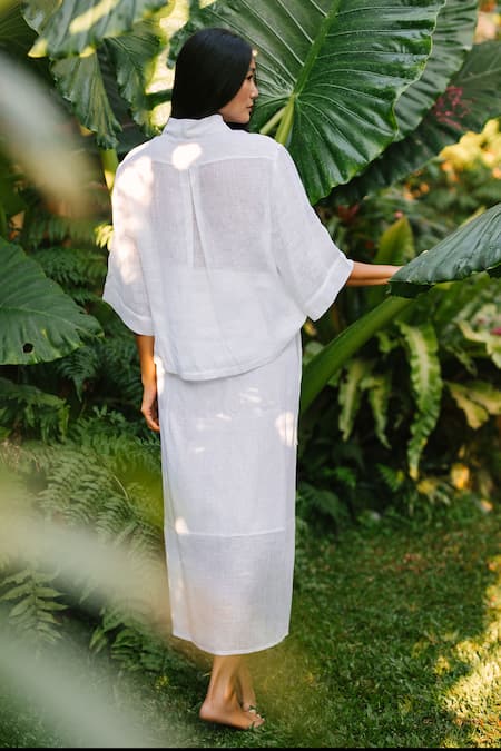 Shop Ituvana White Linen Collared Shirt And Wrap Skirt Set at Aza Fashions Shop_Ituvana_White Linen Collared Shirt And Wrap Skirt Set _at_Aza_Fashions