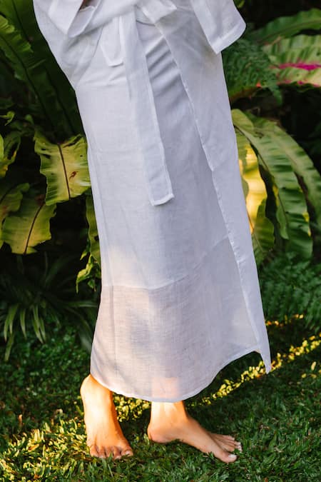Ituvana White Linen Collared Shirt And Wrap Skirt Set Online at Aza Fashions Ituvana_White Linen Collared Shirt And Wrap Skirt Set _Online_at_Aza_Fashions