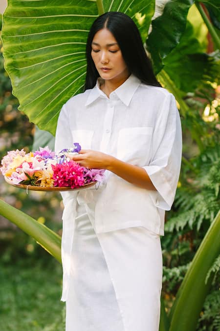 Buy Ituvana White Linen Collared Shirt And Wrap Skirt Set Online at Aza Fashions Buy_Ituvana_White Linen Collared Shirt And Wrap Skirt Set _Online_at_Aza_Fashions