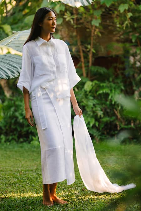 Shop Ituvana White Linen Collared Shirt And Wrap Skirt Set Online at Aza Fashions Shop_Ituvana_White Linen Collared Shirt And Wrap Skirt Set _Online_at_Aza_Fashions