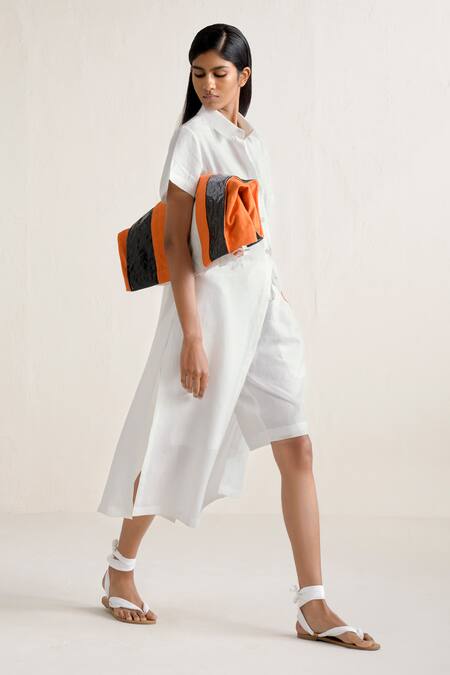 Ituvana_White Linen Collared Shirt Dress And Shorts Set _Online_at_Aza_Fashions