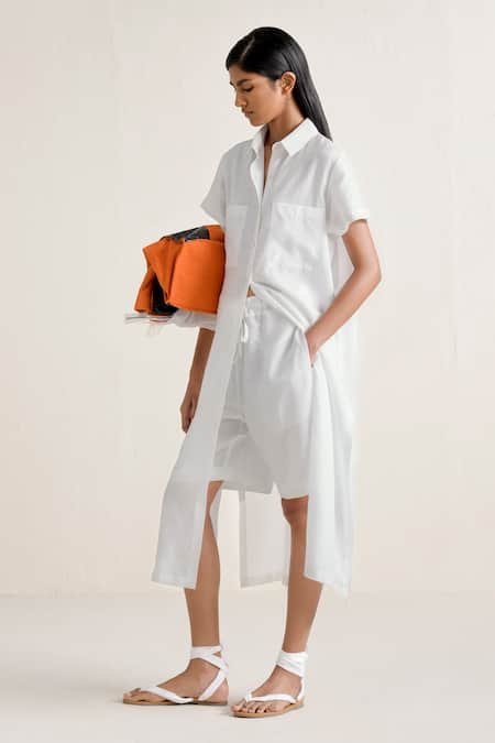 Buy_Ituvana_White Linen Collared Shirt Dress And Shorts Set _Online_at_Aza_Fashions