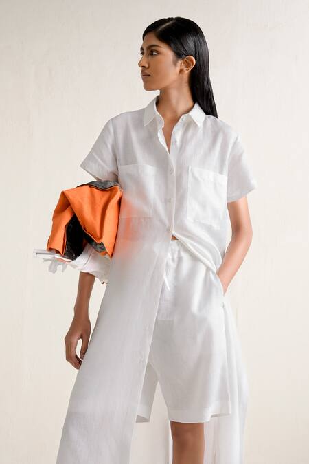 Shop_Ituvana_White Linen Collared Shirt Dress And Shorts Set _Online_at_Aza_Fashions