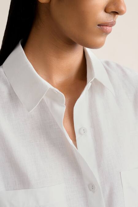 Buy_Ituvana_White Linen Collared Shirt Dress And Shorts Set 