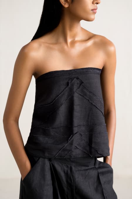 Shop Ituvana Black Linen Applique Off-shoulder Strapless Top And Wide Leg Pant Set Online at Aza Fashions Shop_Ituvana_Black Linen Applique Off-shoulder Strapless Top And Wide Leg Pant Set _Online_at_Aza_Fashions