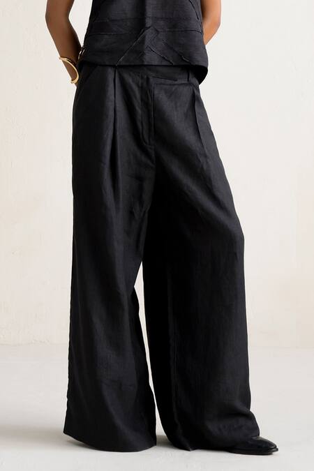 Ituvana Black Linen Applique Off-shoulder Strapless Top And Wide Leg Pant Set at Aza Fashions Ituvana_Black Linen Applique Off-shoulder Strapless Top And Wide Leg Pant Set _at_Aza_Fashions