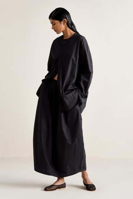 Shop Ituvana Black Cotton Round Neck Poplin Shirt And Skirt Set at Aza Fashions Shop_Ituvana_Black Cotton Round Neck Poplin Shirt And Skirt Set _at_Aza_Fashions