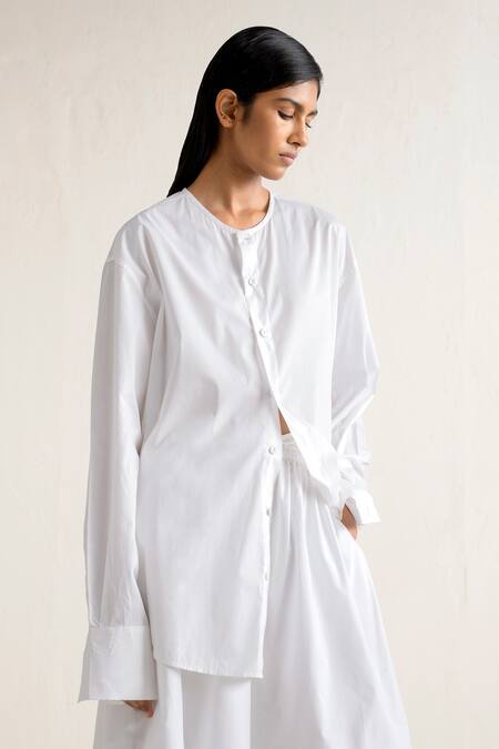 Buy Ituvana White Cotton Round Neck Button Down Shirt And Pear Shaped Skirt Set Online at Aza Fashions Buy_Ituvana_White Cotton Round Neck Button Down Shirt And Pear Shaped Skirt Set _Online_at_Aza_Fashions