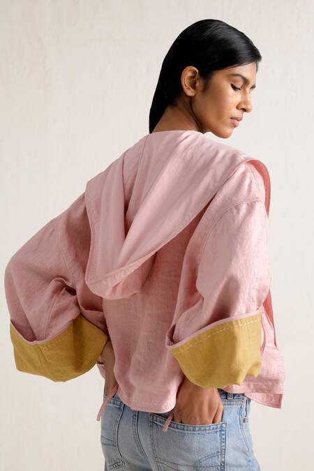 Shop_Ituvana_Pink Linen Shawl Neck Reversible Jacket _at_Aza_Fashions