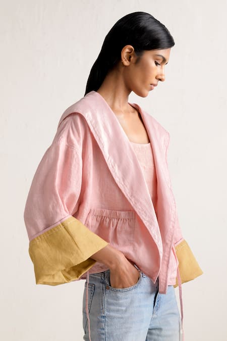 Ituvana_Pink Linen Shawl Neck Reversible Jacket _Online_at_Aza_Fashions