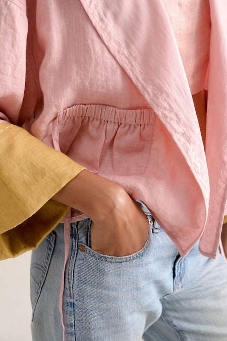 Buy_Ituvana_Pink Linen Shawl Neck Reversible Jacket _Online_at_Aza_Fashions