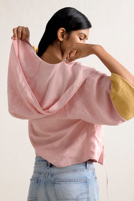 Shop_Ituvana_Pink Linen Shawl Neck Reversible Jacket _Online_at_Aza_Fashions