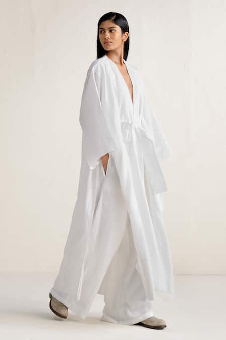 Shop_Ituvana_White Linen Plunge Neck Long Jacket _at_Aza_Fashions