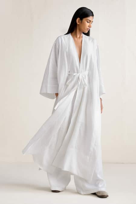 Ituvana_White Linen Plunge Neck Long Jacket _Online_at_Aza_Fashions