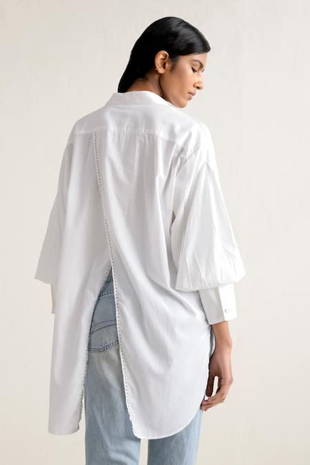 Shop Ituvana White Linen Collared Gathered Sleeve Poplin Shirt at Aza Fashions Shop_Ituvana_White Linen Collared Gathered Sleeve Poplin Shirt _at_Aza_Fashions