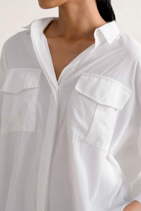 Ituvana White Linen Collared Gathered Sleeve Poplin Shirt Online at Aza Fashions Ituvana_White Linen Collared Gathered Sleeve Poplin Shirt _Online_at_Aza_Fashions