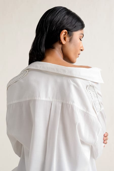 Shop_ituvana_White Cotton Embroidery Collared Asymmetric Military Shirt _at_Aza_Fashions