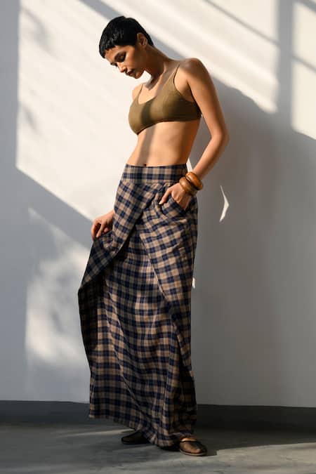 Shop Ituvana Blue Silk Checkered Midnight Skirt at Aza Fashions Shop_Ituvana_Blue Silk Checkered Midnight Skirt _at_Aza_Fashions