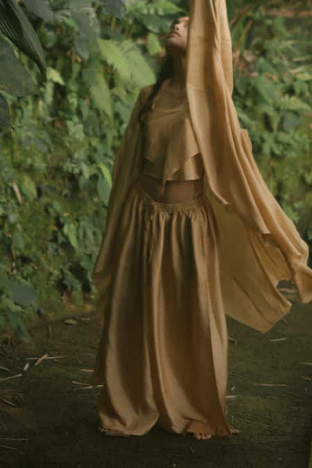 Shop Ituvana Beige Silk Scoop Neck Double Layered Top Set With Cape at Aza Fashions Shop_Ituvana_Beige Silk Scoop Neck Double Layered Top Set With Cape _at_Aza_Fashions