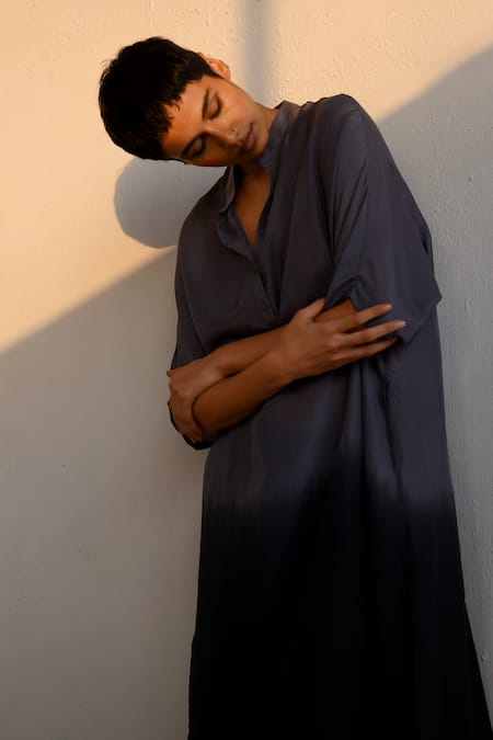 Shop Ituvana Gray Silk Collared Ombre Kurta And Pant Set at Aza Fashions Shop_Ituvana_Gray Silk Collared Ombre Kurta And Pant Set _at_Aza_Fashions