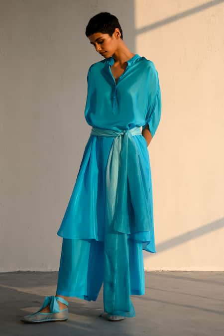 Shop Ituvana Blue Silk Bandeau Neck Aqua Kurta Set at Aza Fashions Shop_Ituvana_Blue Silk Bandeau Neck Aqua Kurta Set _at_Aza_Fashions