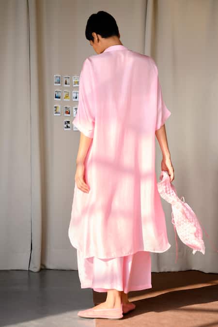 Shop Ituvana Pink Silk Collared Watermelon Kurta Pant Set at Aza Fashions Shop_Ituvana_Pink Silk Collared Watermelon Kurta Pant Set _at_Aza_Fashions