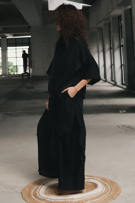 Shop Ituvana Black Silk Collared Front Knot Tunic And Pant Set at Aza Fashions Shop_Ituvana_Black Silk Collared Front Knot Tunic And Pant Set _at_Aza_Fashions