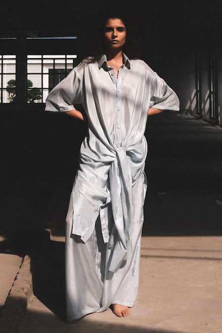 Shop Ituvana White Silk Collared Knot Detail Shirt Tunic And Pant Set at Aza Fashions Shop_Ituvana_White Silk Collared Knot Detail Shirt Tunic And Pant Set _at_Aza_Fashions