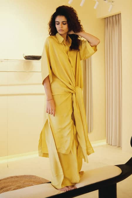 Shop Ituvana Yellow Silk Collared Front Knot Tunic And Pant Set at Aza Fashions Shop_Ituvana_Yellow Silk Collared Front Knot Tunic And Pant Set _at_Aza_Fashions