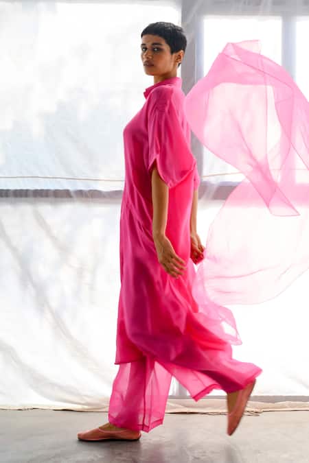 Shop_Ituvana_Fuchsia Silk Collared Kurta And Pant Set _Online_at_Aza_Fashions