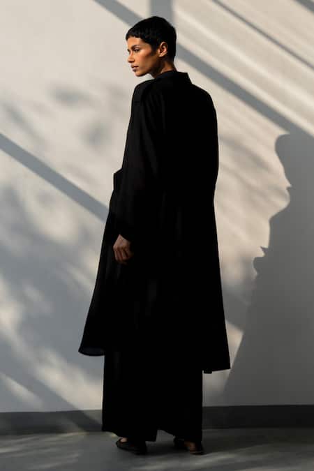 Shop Ituvana Black Cashmere Collared Kurta Set at Aza Fashions Shop_Ituvana_Black Cashmere Collared Kurta Set _at_Aza_Fashions