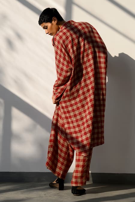 Shop Ituvana Orange Cashmere Collared Rust Chequered Kurta Set at Aza Fashions Shop_Ituvana_Orange Cashmere Collared Rust Chequered Kurta Set _at_Aza_Fashions