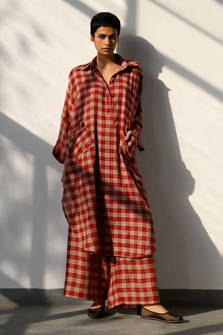 Buy Ituvana Orange Cashmere Collared Rust Chequered Kurta Set Online at Aza Fashions Buy_Ituvana_Orange Cashmere Collared Rust Chequered Kurta Set _Online_at_Aza_Fashions