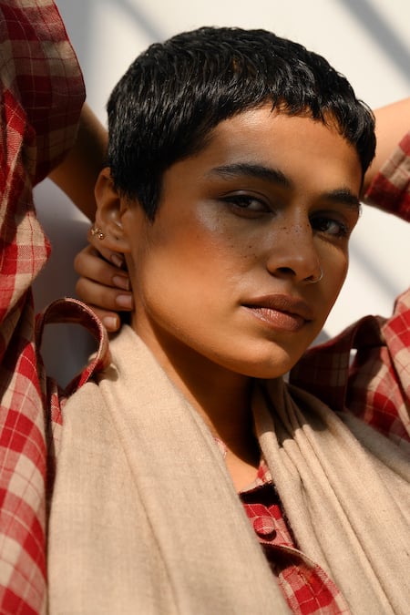 Shop Ituvana Orange Cashmere Collared Rust Chequered Kurta Set Online at Aza Fashions Shop_Ituvana_Orange Cashmere Collared Rust Chequered Kurta Set _Online_at_Aza_Fashions