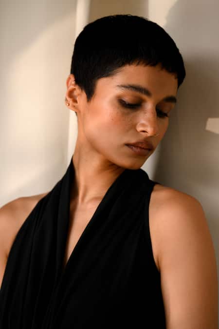 Ituvana Black Cotton Plunge Neck Solid Front Knotted Maxi Dress Online at Aza Fashions Ituvana_Black Cotton Plunge Neck Solid Front Knotted Maxi Dress _Online_at_Aza_Fashions