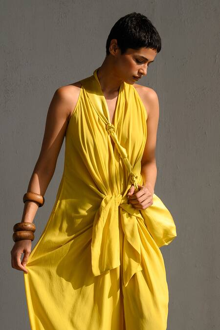 Ituvana_Yellow Cotton V-neck Front Knotted Maxi Dress _Online_at_Aza_Fashions