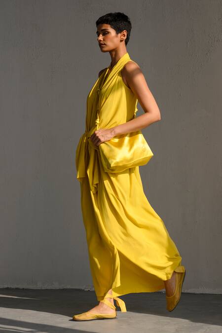 Buy_Ituvana_Yellow Cotton V-neck Front Knotted Maxi Dress _Online_at_Aza_Fashions