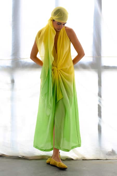 Shop Ituvana Green Silk Plunge Neck Lime Ombre Knotted Maxi Dress at Aza Fashions Shop_Ituvana_Green Silk Plunge Neck Lime Ombre Knotted Maxi Dress _at_Aza_Fashions