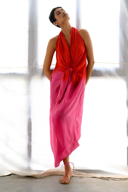 Shop Ituvana Pink Silk Plunge Neck Ombre Knotted Maxi Dress at Aza Fashions Shop_Ituvana_Pink Silk Plunge Neck Ombre Knotted Maxi Dress _at_Aza_Fashions