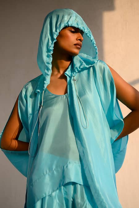 Shop Ituvana Blue Silk Round , Open Aqua Hooded Jacket And Pant Set at Aza Fashions Shop_Ituvana_Blue Silk Round , Open Aqua Hooded Jacket And Pant Set _at_Aza_Fashions