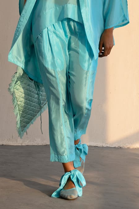 Ituvana Blue Silk Round , Open Aqua Hooded Jacket And Pant Set Online at Aza Fashions Ituvana_Blue Silk Round , Open Aqua Hooded Jacket And Pant Set _Online_at_Aza_Fashions