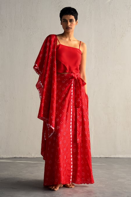 Ituvana Red Silk Embroidery Open Neck, Square Bandhani Printed Skirt Set With Jacket Online at Aza Fashions Ituvana_Red Silk Embroidery Open Neck, Square Bandhani Printed Skirt Set With Jacket _Online_at_Aza_Fashions