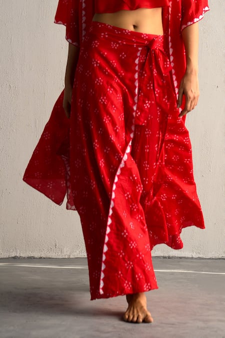 Buy Ituvana Red Silk Embroidery Open Neck, Square Bandhani Printed Skirt Set With Jacket Online at Aza Fashions Buy_Ituvana_Red Silk Embroidery Open Neck, Square Bandhani Printed Skirt Set With Jacket _Online_at_Aza_Fashions